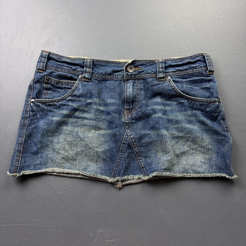 Life is Good Womens Size 10 Blue Denim Skirt Raw Hem Fringe Casual Stretch Jeans